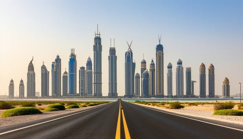 Dubai skyline with famous landmarks represented by Road Pass Journey Travel Dubai skyline with famous landmarks represented by Road Pass Journey Travel